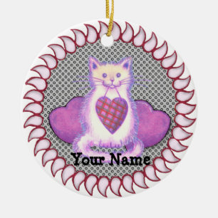 Plaid Heart Cat  Ceramic Tree Decoration