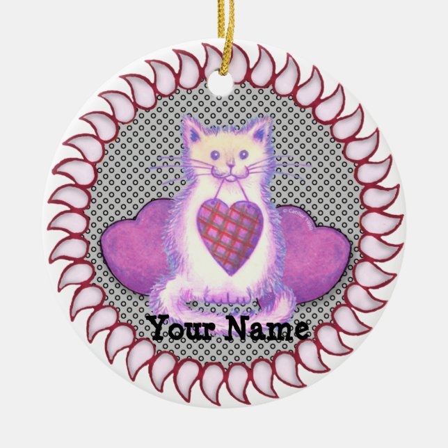 Plaid Heart Cat  Ceramic Tree Decoration (Front)