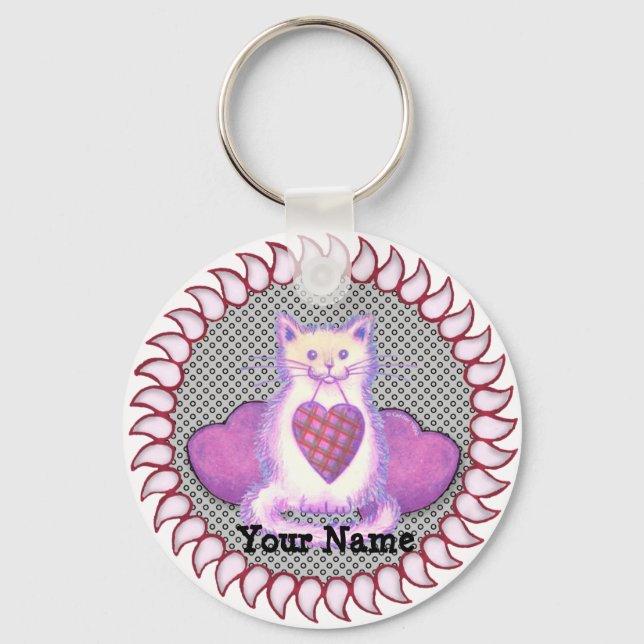 Plaid Heart Cat keychain (Front)