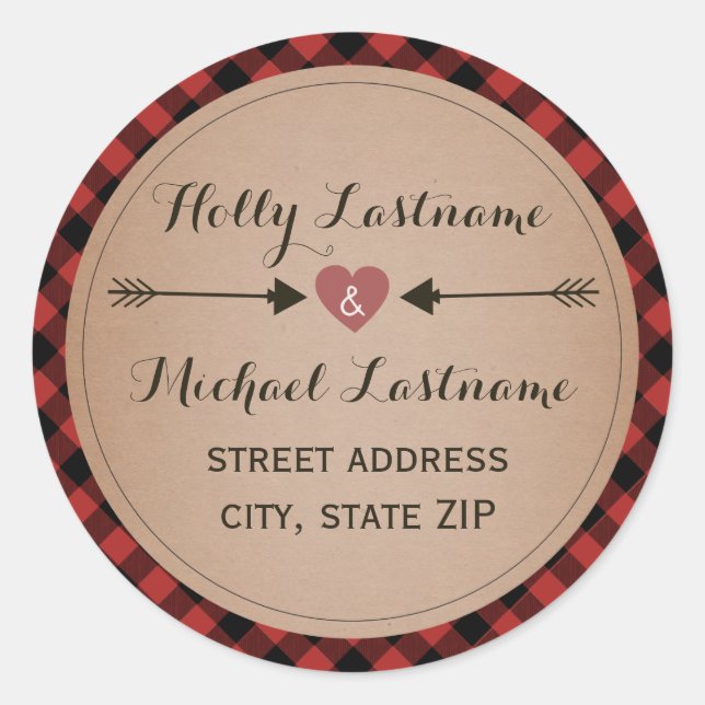 Plaid Heart With Arrows Address Classic Round Sticker (Front)