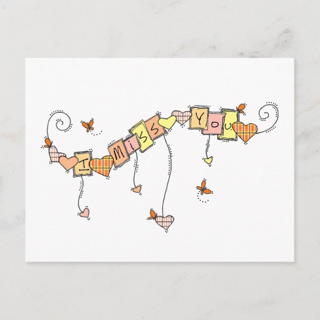 Plaid Hearts and Butterflies I Miss You Teachers Postcard (Front)