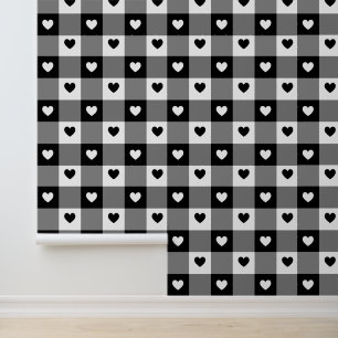 Plaid Hearts Cute Fun Black & White Unisex Nursery Wallpaper