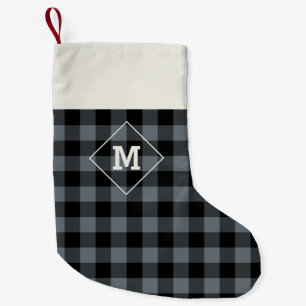 Plaid Holiday Initial Grey + Black Small Christmas Stocking