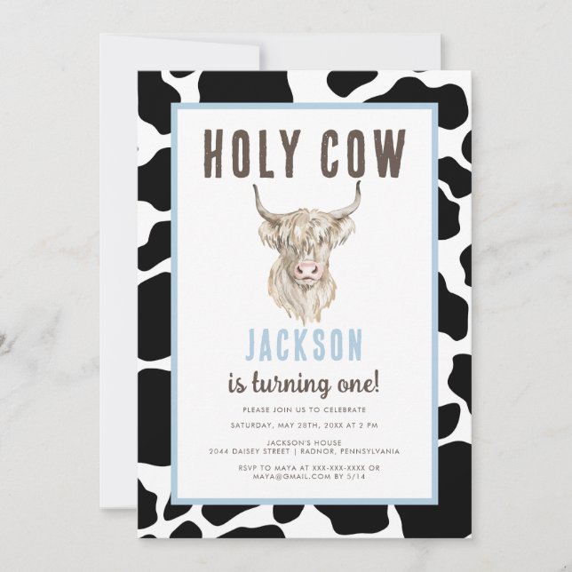 Plaid Holy Cow I'm One Boy Birthday Invitation (Front)