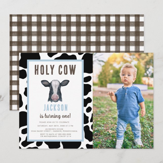 Plaid Holy Cow I'm One Boy Birthday  Invitation (Front/Back)