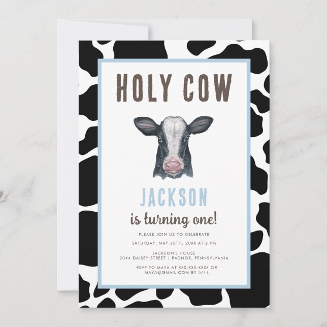 Plaid Holy Cow I'm One Boy Birthday  Invitation (Front)