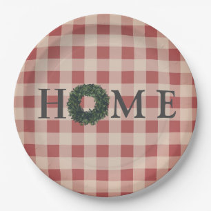 Plaid “HOME” Typography Stylish Farmhouse Decor Pa Paper Plate