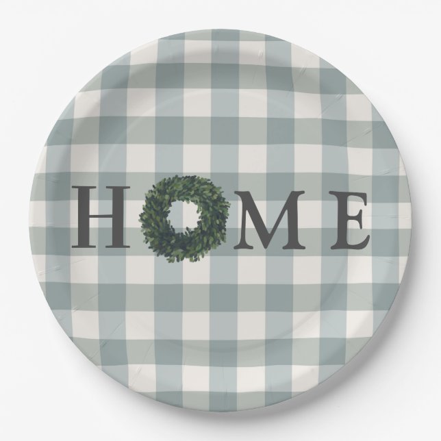 Plaid “HOME” Typography Stylish Farmhouse Decor Paper Plate (Front)