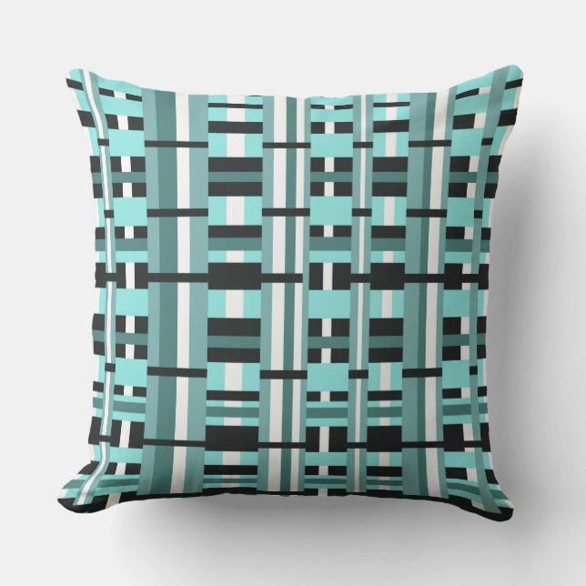 Plaid in Aqua, Teal, Black & White Cushion (Front)