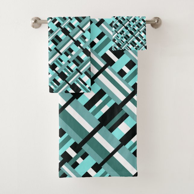 Plaid in Aqua, Teal, Black & White Diagonal  Bath Towel Set (Insitu)