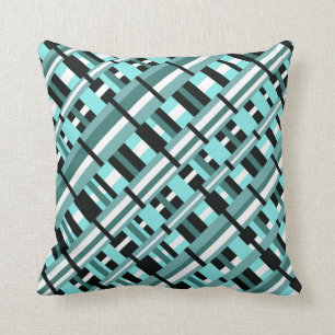 Plaid in Aqua, Teal, Black & White Diagonal Cushion
