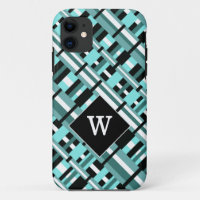 Plaid in Aqua, Teal, Black & White Monogram