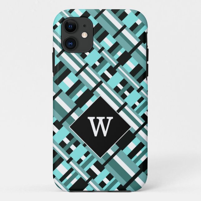 Plaid in Aqua, Teal, Black & White Monogram Case-Mate iPhone Case (Back)