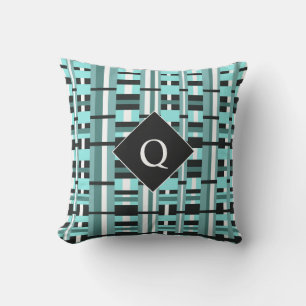 Plaid in Aqua, Teal, Black & White Monogram Cushion