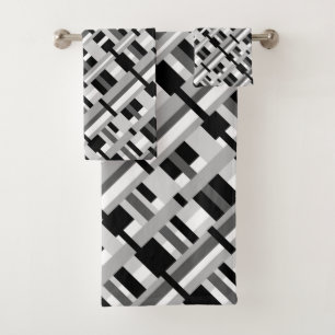 Plaid in Black, White & Grey Diagonal  Bath Towel Set