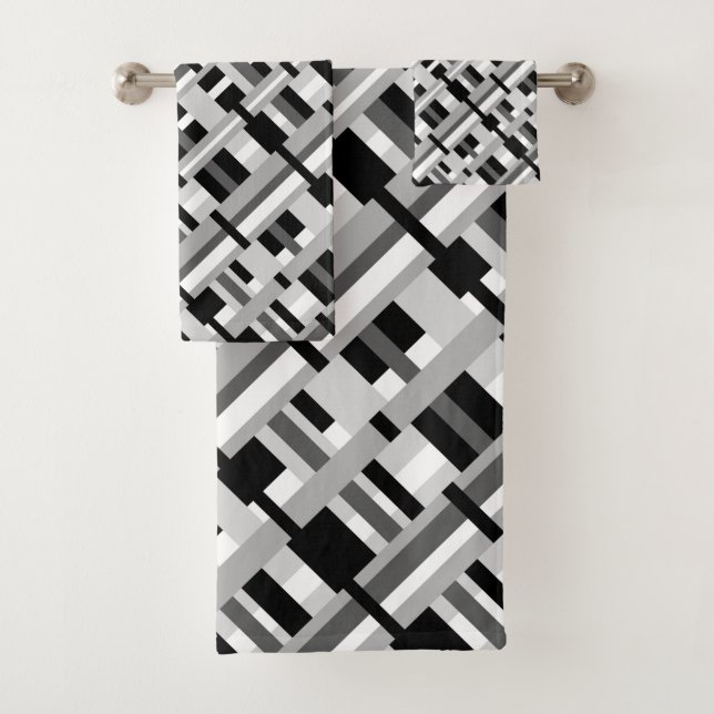 Plaid in Black, White & Grey Diagonal  Bath Towel Set (Insitu)