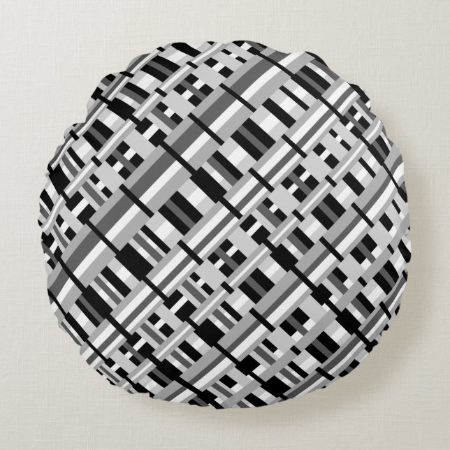 Plaid in Black White & Grey Diagonal  Round Cushion (Front)