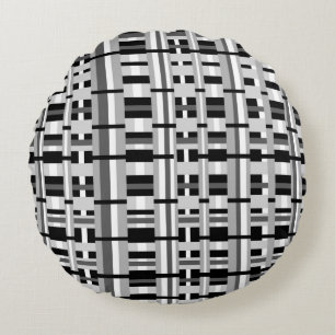 Plaid in Black White & Grey Round Cushion