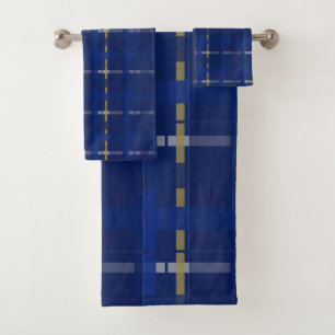 plaid in blue on blues, gold, & silver bath towel set