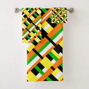 Plaid in Green, Orange & Yellow Modern Diagonal Bath Towel Set