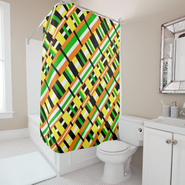 Plaid in Green, Orange & Yellow Modern Diagonal Shower Curtain (In Situ)