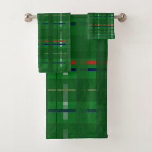 plaid in greens on green, red, blue, gold &silver bath towel set