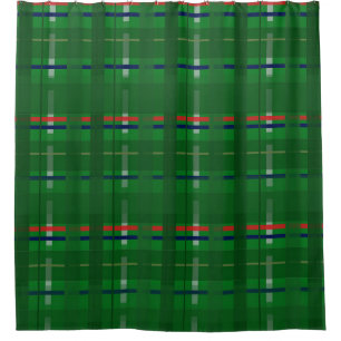 plaid in greens on green, red, blue, gold &silver shower curtain