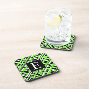Plaid in Lime Green, Black & Grey Monogram Coaster