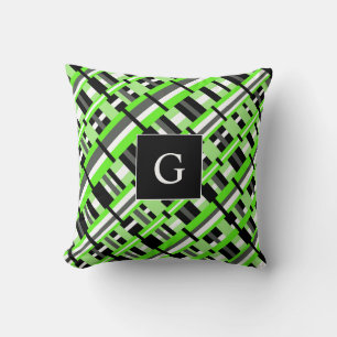 Plaid in Lime Green, Black & Grey Monogram Cushion