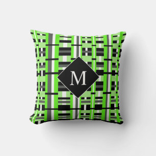 Plaid in Lime Green, Black & Grey Monogram Cushion