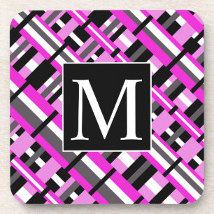 Plaid in Pink, Black & Grey Diagonal Monogram Coaster