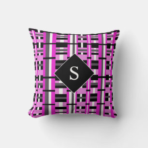 Plaid in Pink, Black & Grey Monogrammed Cushion