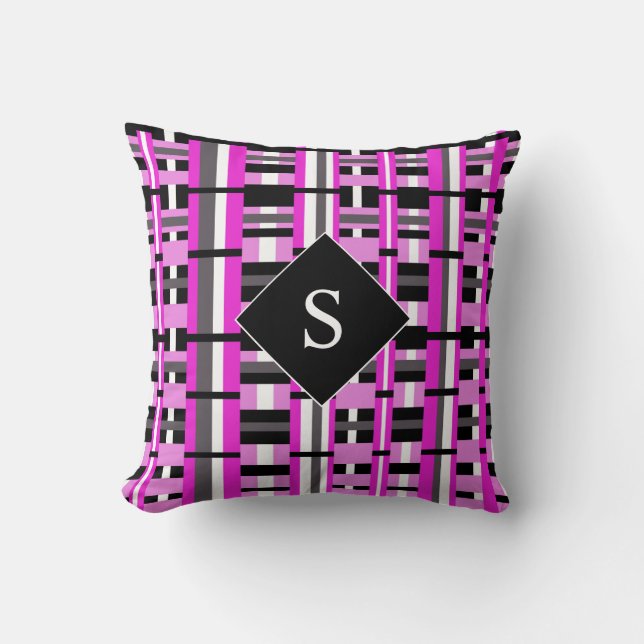 Plaid in Pink, Black & Grey Monogrammed Cushion (Front)