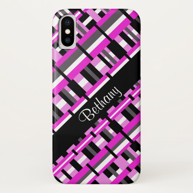 Plaid in Pink, Black & Grey Personalise Name Case-Mate iPhone Case (Back)