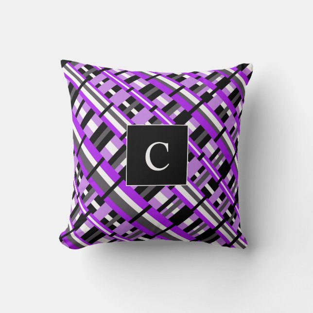 Plaid in Purple, Black & Grey Diagonal Monogram Cushion (Front)