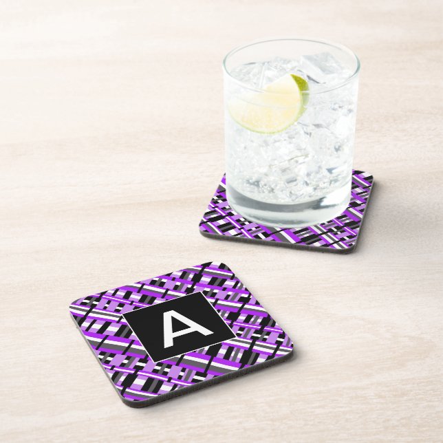 Plaid in Purple, Black & Grey Monogram Coaster (Right Side)