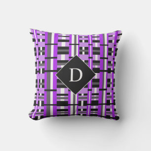 Plaid in Purple, Black & Grey Monogram Outdoor Cushion
