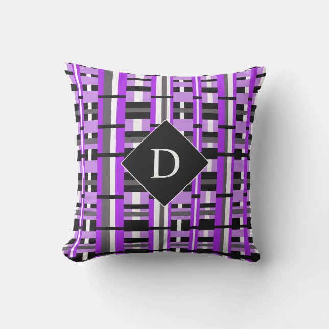 Plaid in Purple, Black & Grey Monogram Outdoor Cushion (Front)