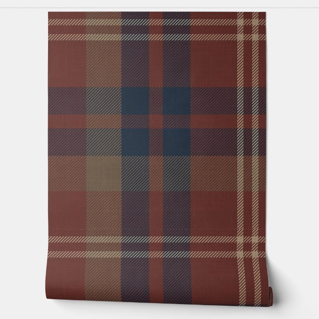 Plaid in Ruby Red and Navy Blue Wallpaper (Unrolling)