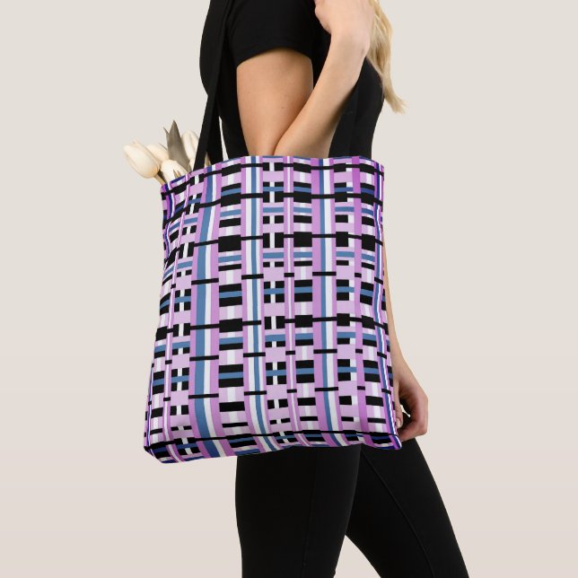 Plaid in Slate Blue, Orchid, Black & White Tote Bag (Close Up)