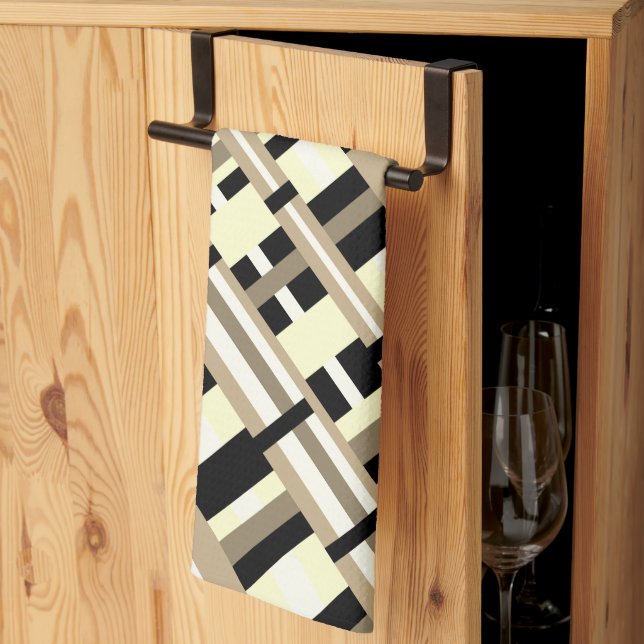 Plaid in Taupe, Tan, Black, White Diagonal  Tea Towel (Thirds Fold)