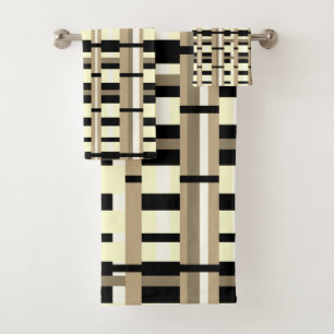 Plaid in Taupe, Tan, Black, White Modern Bath Towel Set