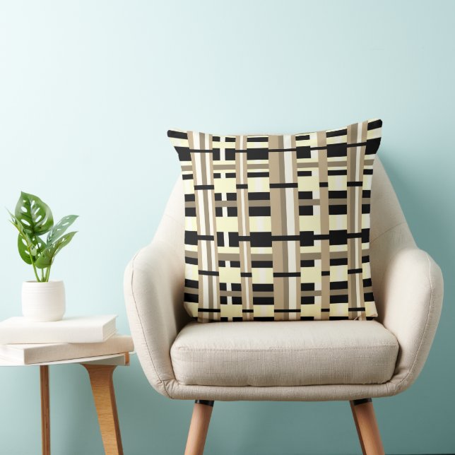 Plaid in Taupe, Tan, Black, White Modern Cushion (Chair)