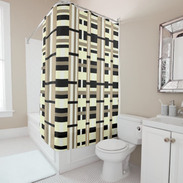 Plaid in Taupe, Tan, Black, White Modern Shower Curtain (In Situ)