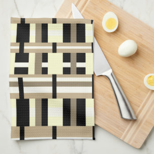 Plaid in Taupe, Tan, Black, White Modern Tea Towel