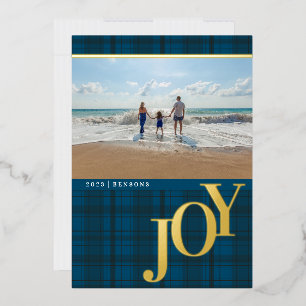 Plaid JOY Blue Real Foil Holiday Card