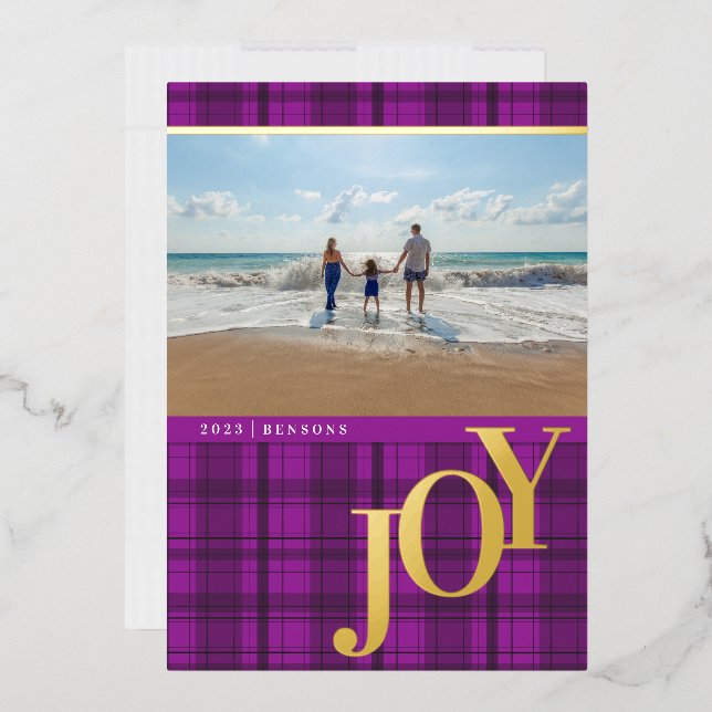 Plaid JOY Purple Real Foil Holiday Card (Envelope)