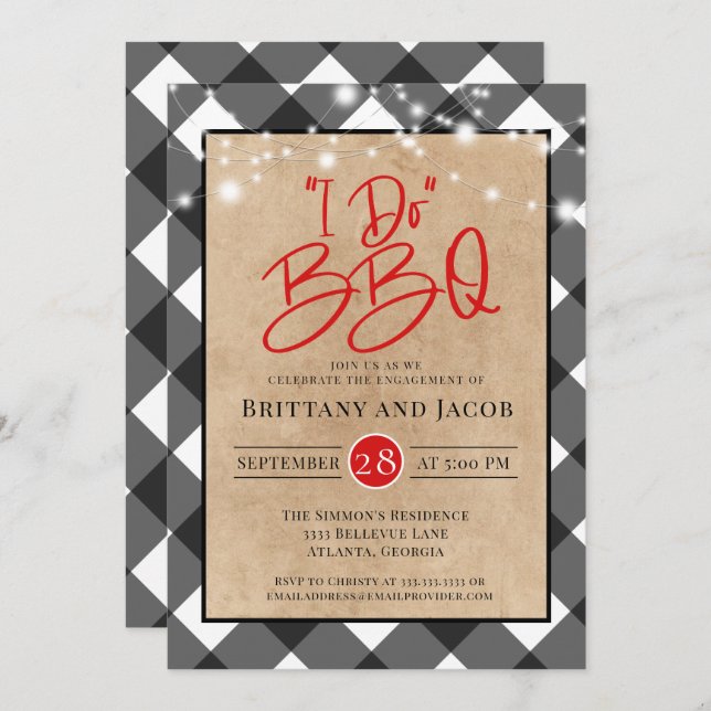 Plaid Kraft String Lights I Do BBQ Engagement Invi Invitation (Front/Back)