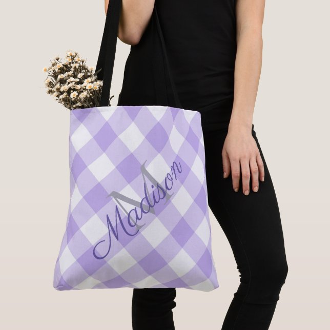 Plaid Lavender Purple Cute Girly Name Monogram Tote Bag (Close Up)