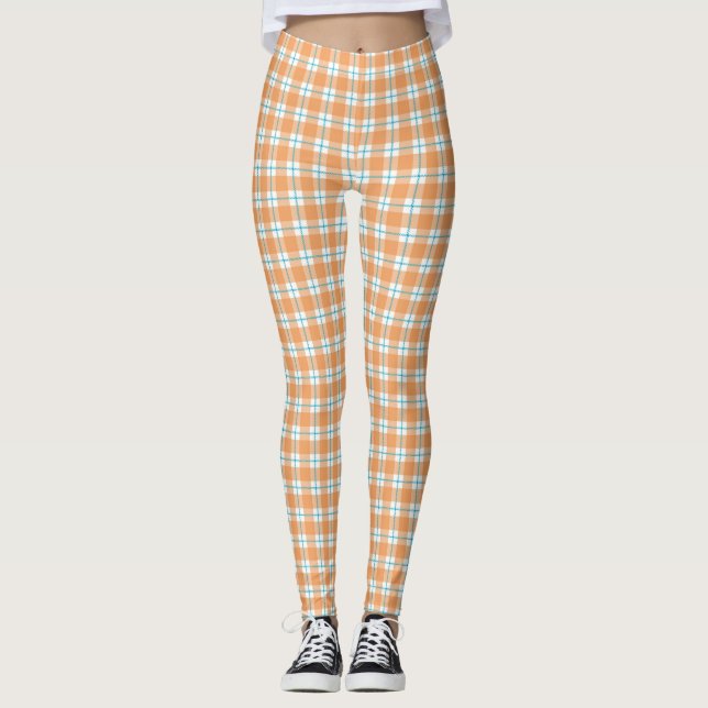 Plaid leggings with a vibrant orange, blue (Front)
